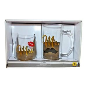 Trueliving Glass Wine 17 oz & Beer Mug 18.6 oz Combo Set Mrs. Mr. Bride Groom